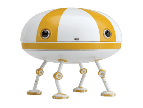 futurista robot con redondo blanco y amarillo cuerpo, cuatro mecánico piernas, y circular ventanas, aislado en transparencia fondo, evoca juguetón y simpático emoción png