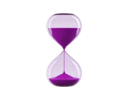 viola sabbia clessidra trasparente bicchiere Timer minimo design isolato su trasparenza sfondo simboleggiante tempo passaggio pazienza e conto alla rovescia nel moderno elegante stile png