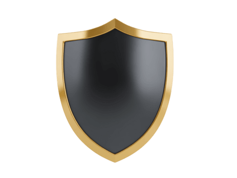 Gold edged shield with glossy black center, symbolizing protection, security, and strength, isolated on transparent background, modern and elegant design, suitable for digital or print use png