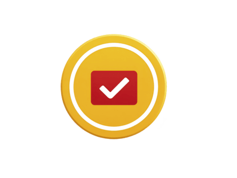 Yellow circle with black outline and red square containing black check mark, symbolizing approval, confirmation, or completion, isolated on transparent background png