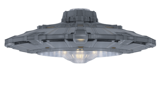 Futuristic spaceship metallic flying saucer isolated on transparency background glowing lights science fiction advanced technology mysterious imaginative hovering digital art png