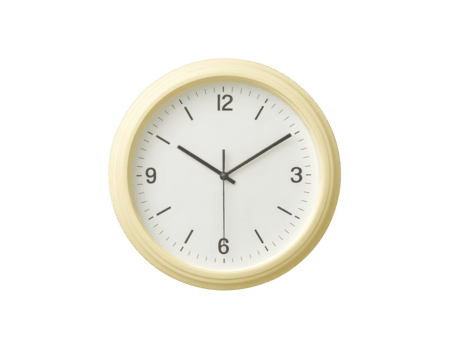 Round wall clock with cream frame, white face, black hour and minute hands, and simple design, showing time at 1010, isolated on transparency background, minimal and modern style png