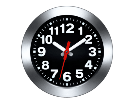 Black wall clock with metallic frame, white numbers, and red second hand showing time at 132, isolated on transparent background, modern and minimal style png