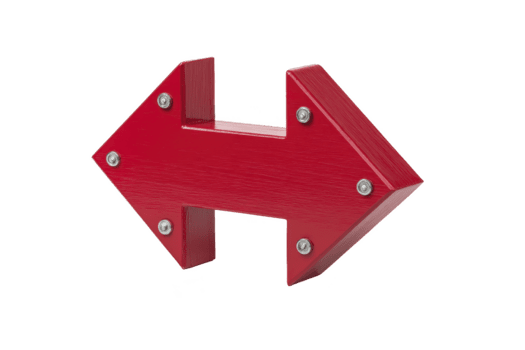 rood dubbele zijdig pijl teken, metalen textuur, geïsoleerd Aan transparant achtergrond, symboliseert richting, keuze, of navigatie, met bouten voor industrieel stijl en modern ontwerp png