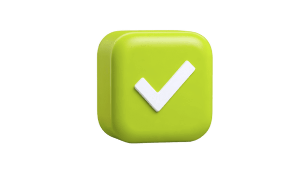 Green 3D square icon with white check mark, symbolizing approval, confirmation, or success, isolated on transparent background, modern minimal style, positive and clean design png