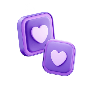 Purple 3D square icon with heart symbol, glossy style, modern digital button, playful and cute, suitable for social media, app interface, or romantic design projects png