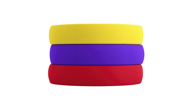 Yellow, purple, and red silicone wristbands stacked together, isolated on transparent background, symbolizing unity and support, with clean and minimalistic style png