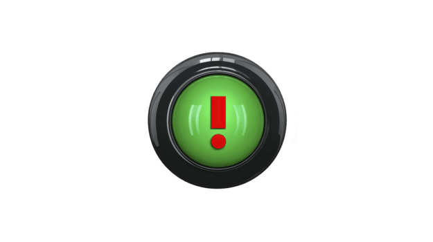 grön varning knapp med röd utrop mark glansig runda ikon varna symbol isolerat på transparent bakgrund modern digital gränssnitt brådskande underrättelse uppmärksamhet tecken 3d illustration png