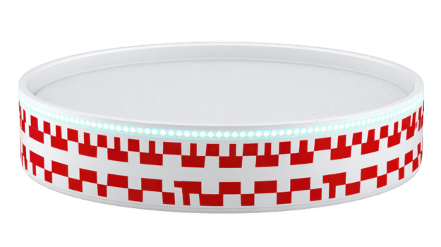 Round white display podium with red geometric pattern, illuminated edge, modern minimal style, isolated transparent background, suitable for product presentation or exhibition, clean png