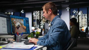 designer som handlar om med påfrestning och tryck till producera en virtuell Hem layout, varelse överväldigad och angelägen. arkitektonisk programvara möjliggör 3d modellering och tolkning, arbetsbelastning. kamera a. video