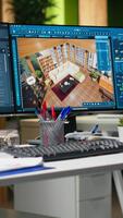 Vertical Modern architecture dual monitors with 3D rendering software and floor plan layouts on display. Interior design, blueprints and remodeling focused on creativity and innovation at workstation. video