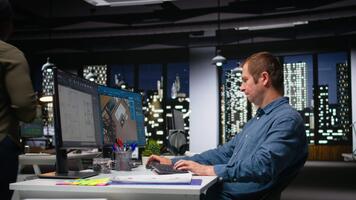 Architect overburdened and weary due to producing virtual home layout, being overwhelmed and stressed. Architectural software enables 3D modeling and rendering, overload. Camera A. video