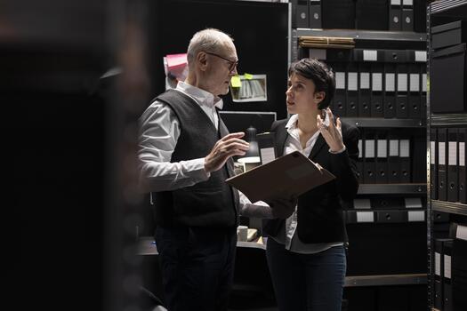 Team of detectives experts studying fingerprints and witness statements, discussing about case files details and interpreting evidence. Ongoing police investigation with forensics. photo