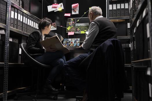 detectives utilizar en línea llamada solicitud a coordinar un secreto misión, intercambiando información acerca de un delincuente sospechar y evaluando vigilancia fotos trabajo en equipo con el policía.