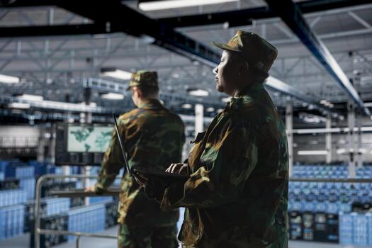 Army technician in command center server hub using laptop to install and maintain IT systems. African american military data center admin overseeing computer networks and information systems, camera A photo