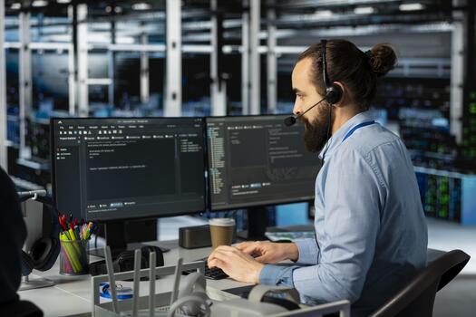 Man doing tech support in server room, managing large scale IT infrastructure rackmounts. Data center admin speaking in headset mic, deploying servers and doing maintenance on network hardware photo