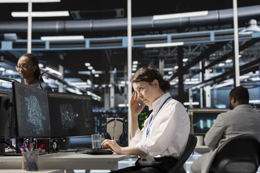 Overworked data center IT expert feeling headache while using artificial intelligence neural networks. Exhausted server farm developer having migraine from working too hard, using AI on computer photo