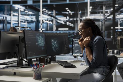 Excited engineer in data center celebrating successful AI implementation. Smiling server hub employee excited after artificial intelligence model completes training process with optimal results photo