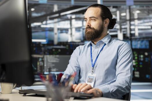 Employee working in server hub, managing large datasets for artificial intelligence training. Engineer overseeing infrastructure running neural networks and analytics tasks in data center photo