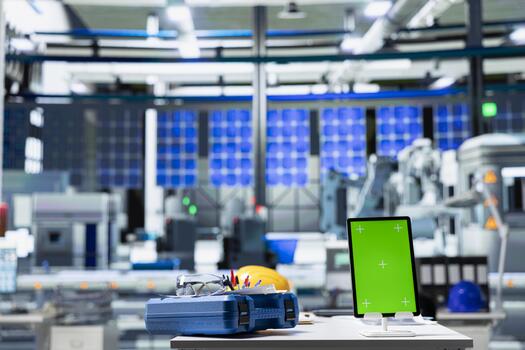 Green screen display on computer used to help in photovoltaics factory system parameters. Chroma key mockup used for optimizing energy supply in solar panel manufacturing plant. photo