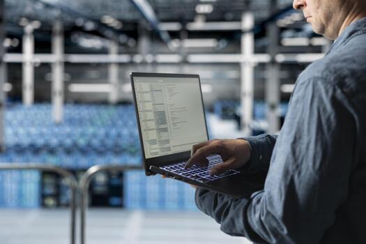 Close up of data center programmer coding on laptop, monitoring error logs for debugging processes. Server farm IT professional writing script, managing software updates for system stability photo