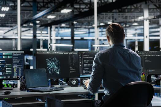 Admin in data center troubleshooting rigs connectivity issues using machine learning tech. IT specialist in server hub auditing equipment systems for vulnerabilities using artificial intelligence photo