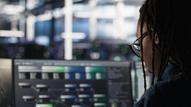 Data center system administrator using machine learning algorithms to analyze large datasets. Server farm worker using AI neural networks on computer to recognize data patterns, camera B photo