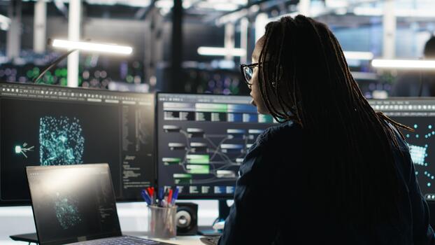 Server farm software developer interprets data analytics graphs. Data center specialist using artificial intelligence program showing predictive system metrics, camera B photo