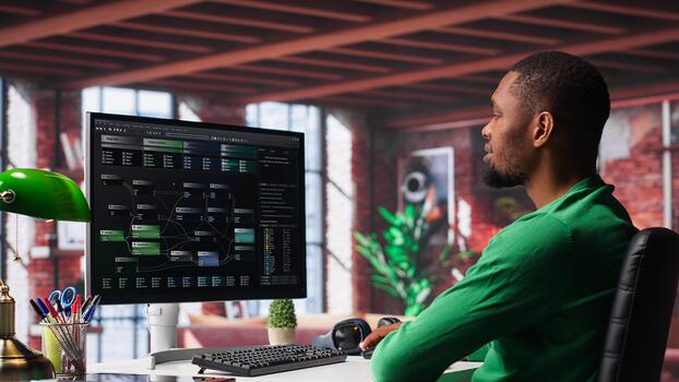 African american man looks at notes on terminal window for visual programming, typing code on software at his home office. Coding application UI used by engineer writing and testing code. Camera A. photo