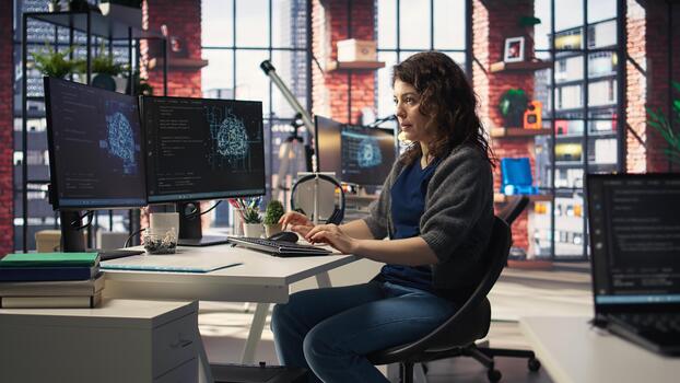 IT technician writing code and debugging on artificial intelligence neural networks computerized brain model. Female tech support doing checkup on AI systems, cloud computing. Camera A. photo