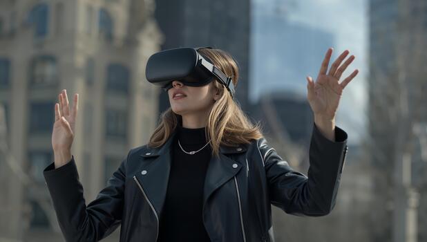 Person Using Virtual Reality Headset Outdoors in Urban Setting During Daytime photo