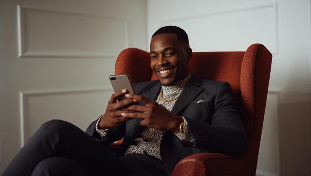 Man Sitting Comfortably in a Chair, Smiling While Using a Smartphone in a Modern Indoor Space photo