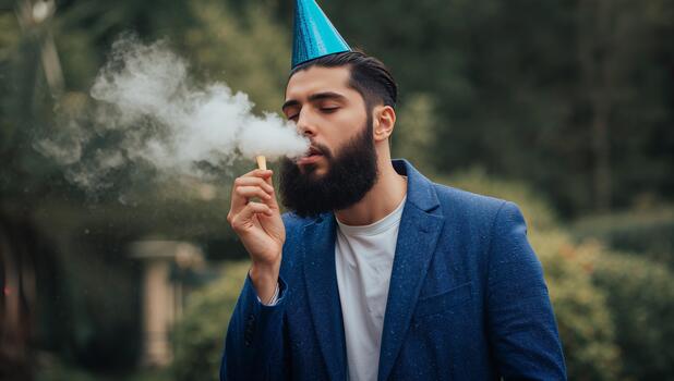 Man Celebrating With Party Hat and Smoke in an Outdoor Setting During a Daytime Event. photo