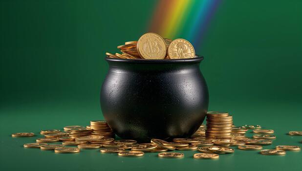 Gold Coins Overflow From a Pot With a Rainbow Shining Above Against a Green Background photo