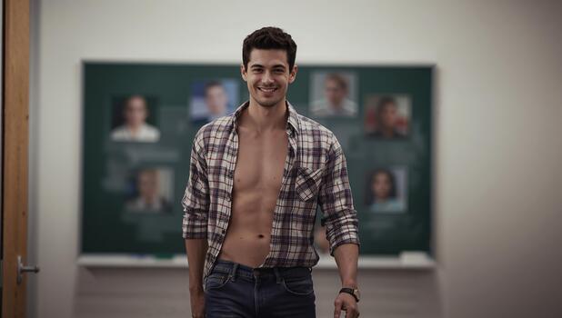 Young Man Smiling in a Classroom With a Blackboard in the Background During Daylight Hours photo