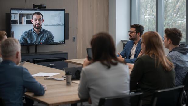 Group Meeting in a Conference Room With Virtual Participant on Screen During Call. photo