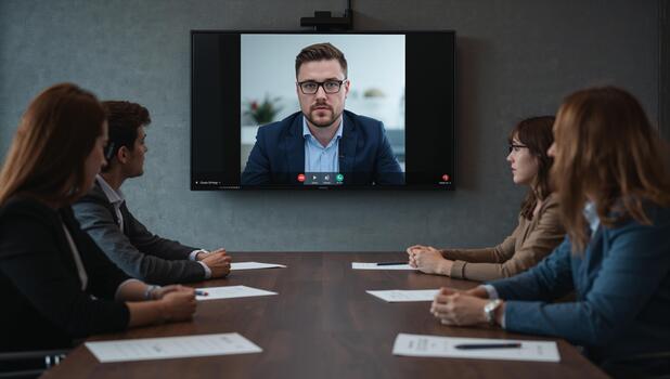 Group Meeting in a Conference Room With Virtual Participant on Screen During Call photo