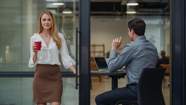 Office Morning Break With a Woman Holding Coffee and a Man Working at a Desk in a Modern Workspace. photo