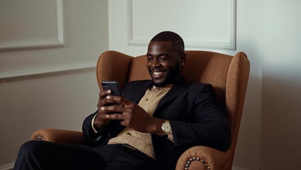 Man in Smart Outfit Smiles While Using Smartphone in Cozy Armchair photo