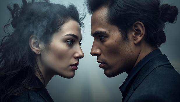 Intense Standoff Between Two Figures in a Misty Urban Setting During Twilight photo