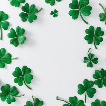 Vibrant Green Clovers Arranged in a Circular Pattern on a Simple White Background for Spring Celebrations photo