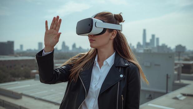 Woman Explores Virtual Reality on a Rooftop With City Skyline in Background. photo