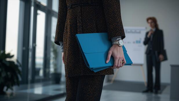 Business Professional Carrying Blue Folders During a Presentation in a Modern Office Setting photo