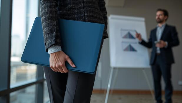 Business Professional Carrying Blue Folders During a Presentation in a Modern Office Setting. photo