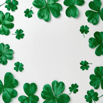 Vibrant Green Clovers Arranged in a Circular Pattern on a Simple White Background for Spring Celebrations. photo