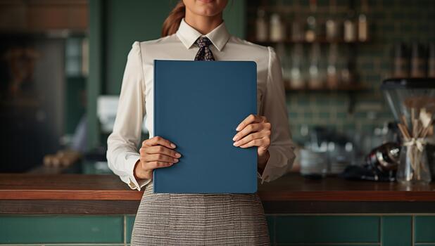 Business Professional Holding Blue Folder in Modern Cafe Setting During the Day photo