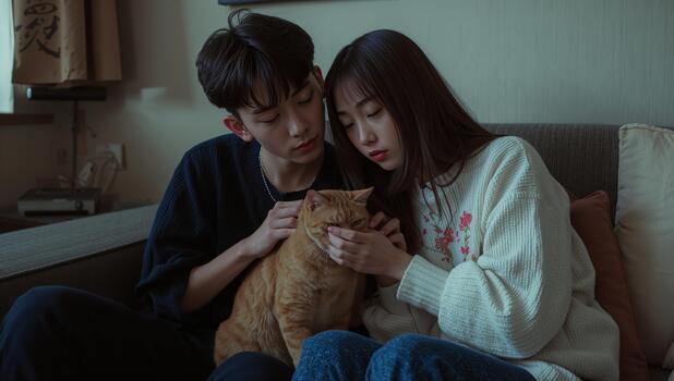 Couple Enjoying Quiet Time With Their Orange Cat on a Cozy Couch in a Softly Lit Room photo