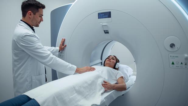 Medical Professional Assisting a Patient During a CT Scan in a Modern Hospital Setting photo