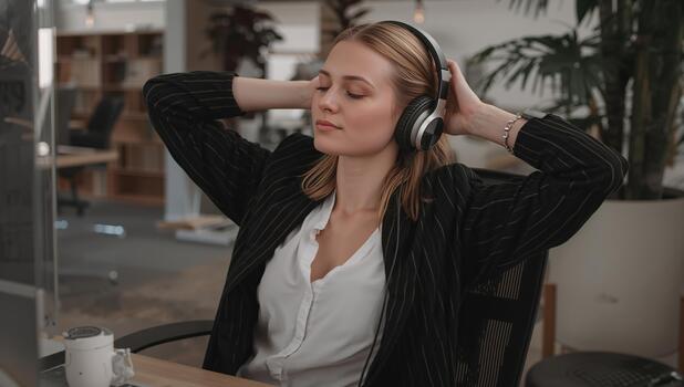 Professional Woman Enjoying Music While Working in a Modern Office Space During the Daytime Hours photo