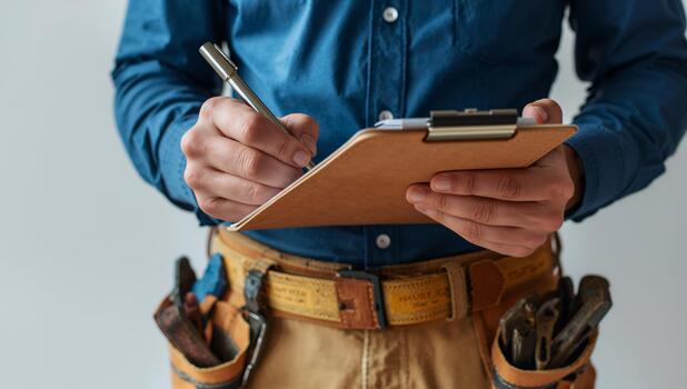 Construction Worker Takes Notes While Preparing for a Project in a Workshop Environment photo